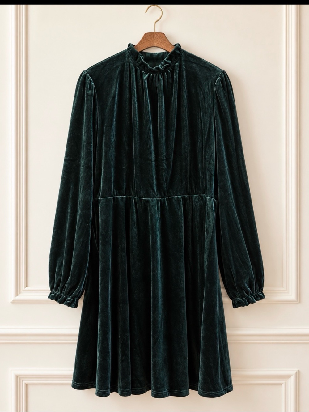 Velvet Ruffle-Trim Long Sleeve Dress in Deep Green